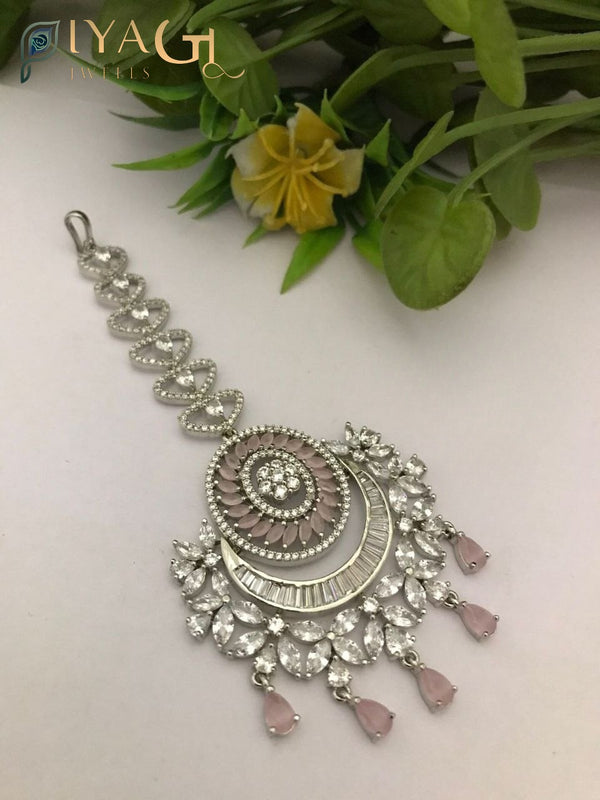 White stone silver tone floral design maang tikka for ethnic occasions - PiyaGuJwells