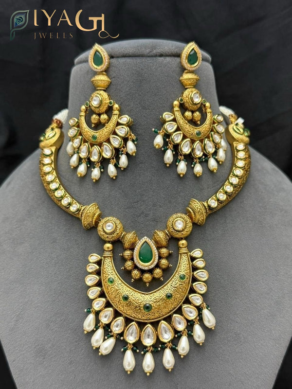 Gold-tone white stone floral layered necklace set for festive occasions - PiyaGuJwells