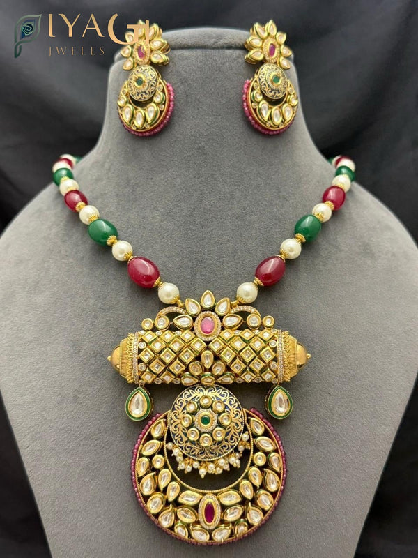 Gold tone multicolor Stone floral layered necklace earring set for festive occasions - PiyaGuJwells