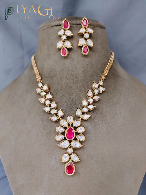 Gold tone red Stone floral layered necklace set for festive occasions - PiyaGuJwells