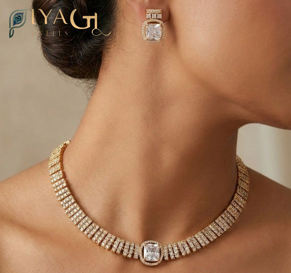 White cubic zirconia gold tone choker necklace for bridal wear - PiyaGuJwells