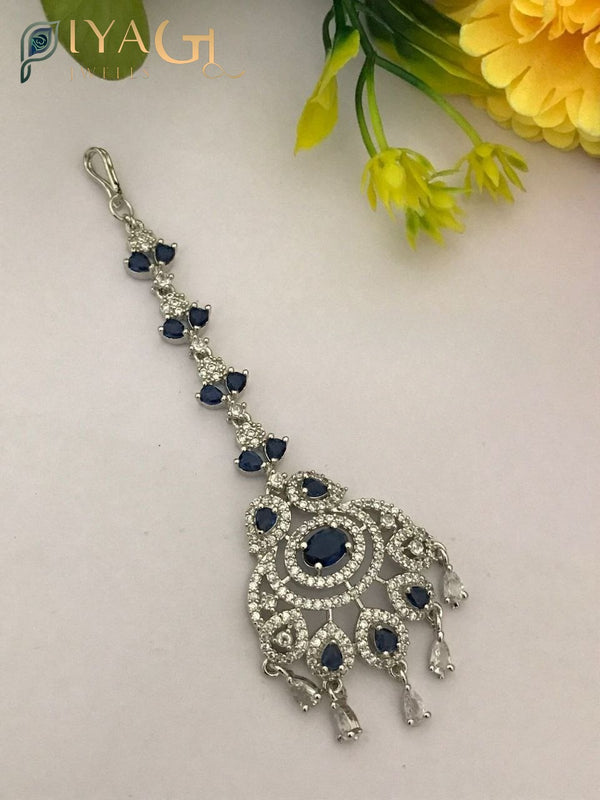 Silver tone chandbali style floral design maang tikka with multicolored cubic zirconia stones for ethnic wear - PiyaGuJwells