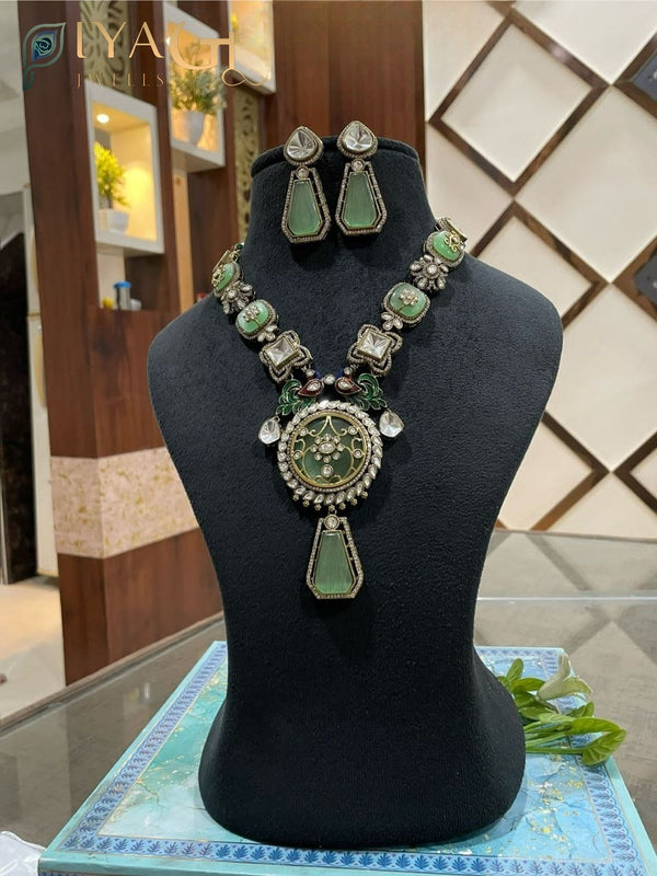 Silver Tone Green Stone Layered Floral Neckpiece Earring Set Festive - PiyaGuJwells