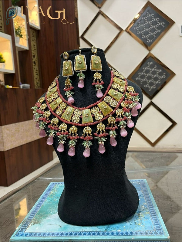 Multicolored stone stones on a gold-tone layered necklace set for festive occasions - PiyaGuJwells