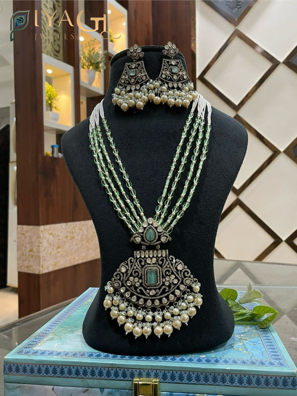 Silver Tone Green Kundan Layered Necklace Earring Set For Ethnic Occasions - PiyaGuJwells