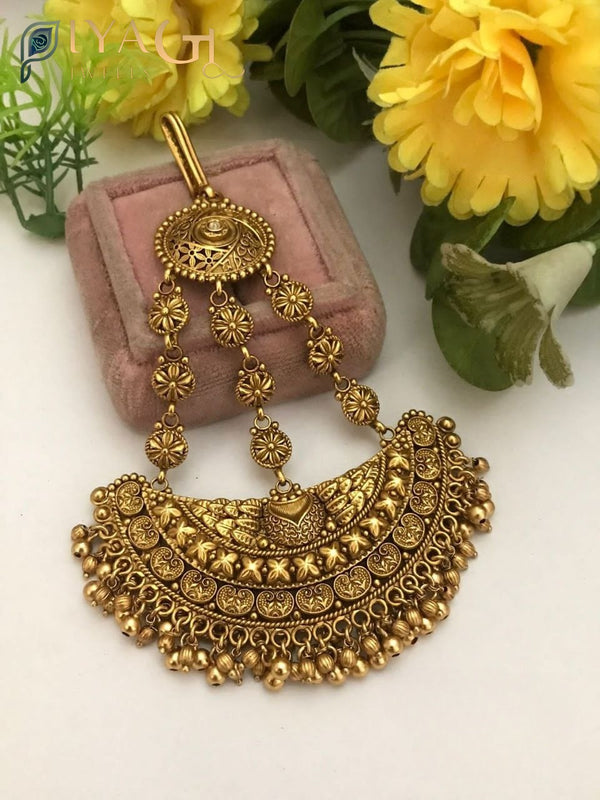 Gold tone floral maang tikka for ethnic wear, no stones, intricate design - PiyaGuJwells