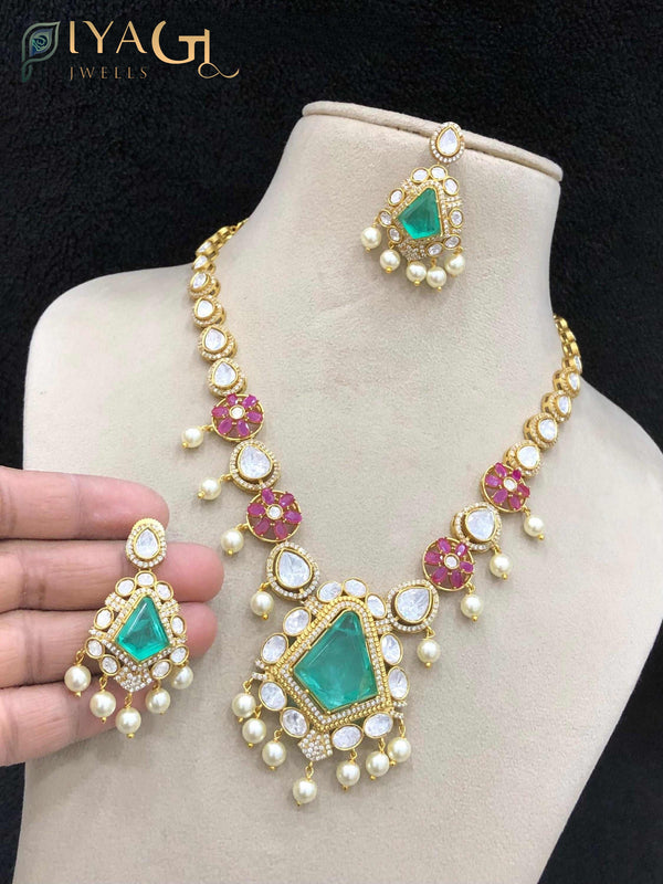 Gold antique finish geometric design multicolor Stone stones layered necklace set for festive occasions - PiyaGuJwells