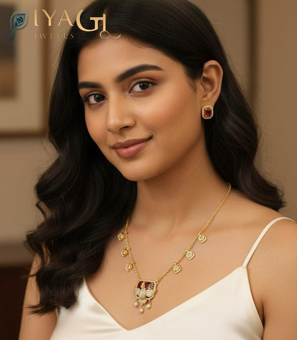 Gold tone multicolor floral layered necklace earring set for festive occasions - PiyaGuJwells