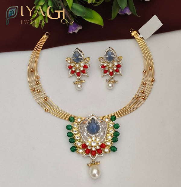 Multicolored gold-tone floral design layered artificial jewellery necklace for festive wear - PiyaGuJwells