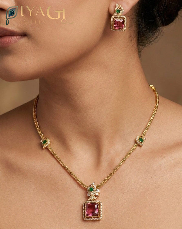 Gold antique polish multicolored cubic zirconia layered necklace set for festive occasions - PiyaGuJwells