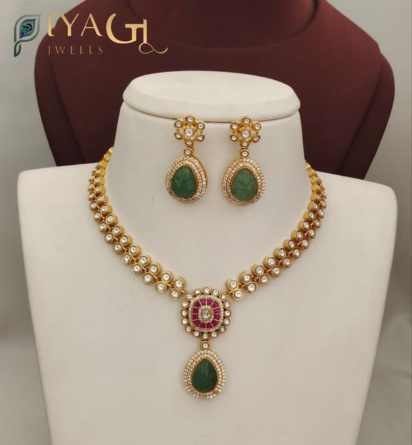 Multicolor stone stones on a gold-tone layered necklace set, perfect for festive wear - PiyaGuJwells