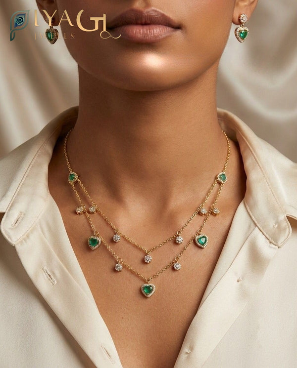 Gold antique polish multicolor cubic zirconia layered necklace set for festive wear - PiyaGuJwells