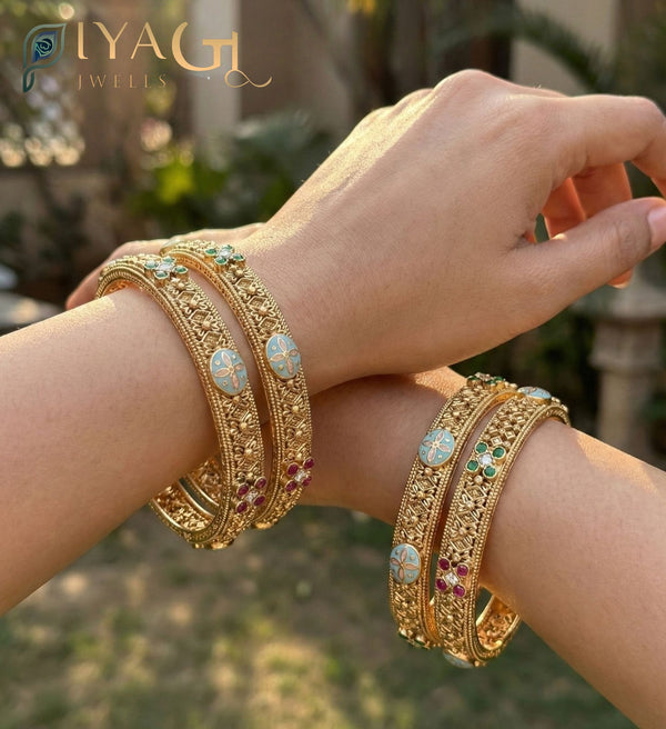 Gold tone antique finish floral design layered artificial jewellery bangles set for ethnic wear - PiyaGuJwells