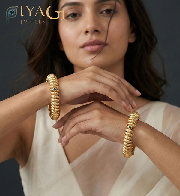 Gold tone antique finish screw type adjustable size kada bangle set for ethnic wear - PiyaGuJwells