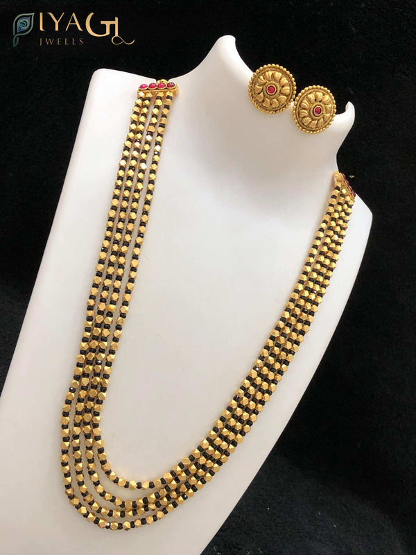Gold antique finish layered bead necklace earring set ethnic wear - PiyaGujWells