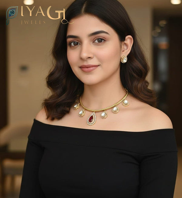 Gold polished floral choker necklace earring set for festive wear - PiyaGuJwells