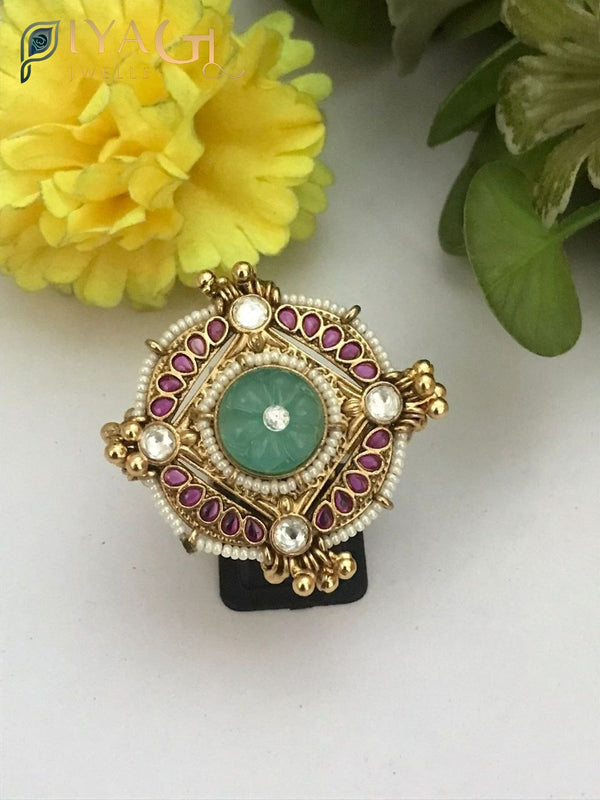 Gold plating geometric white polki adjustable ring for party wear - PiyaGuJwells