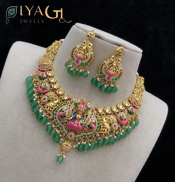 Gold matte finish stone peacock design choker necklace for festive wear - PiyaGuJwells