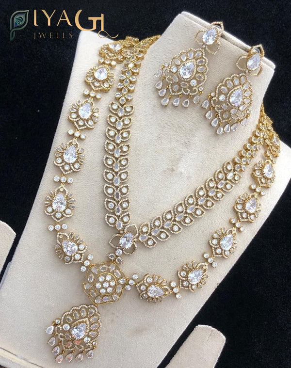 Gold-tone layered white stone floral design bridal necklace set - PiyaGuJwells