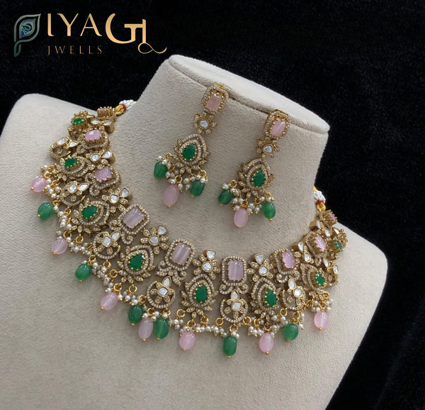 Gold matte stone floral choker necklace set for ethnic wear - PiyaGuJwells