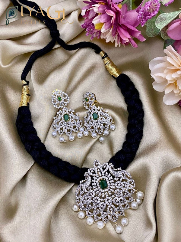 Gold-tone floral design green and red stone choker necklace set for festive wear - PiyaGuJwells