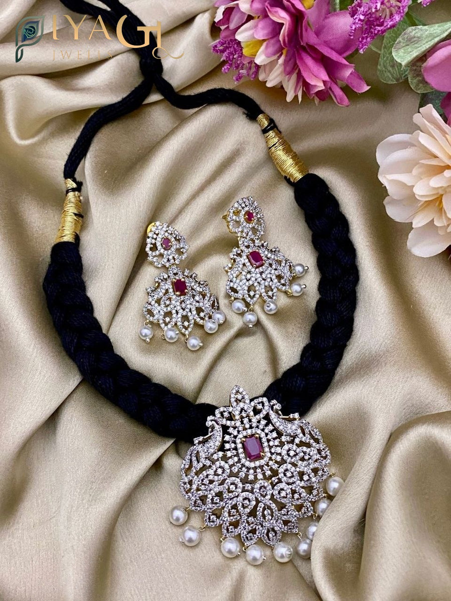 Gold-tone floral design green and red stone choker necklace set for festive wear - PiyaGuJwells