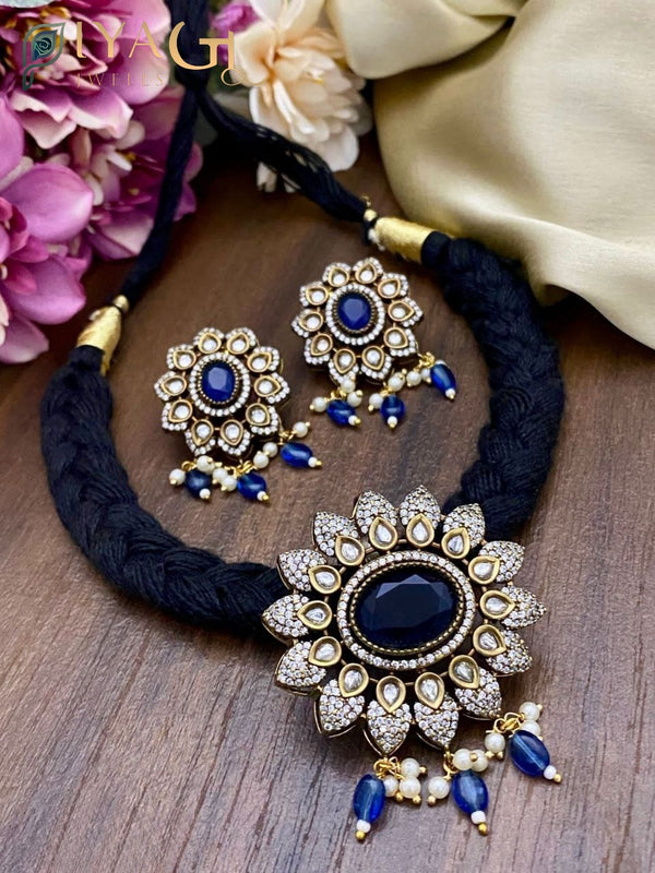 Multi-colored gold-tone floral design choker necklace set for festive occasions - PiyaGuJwells