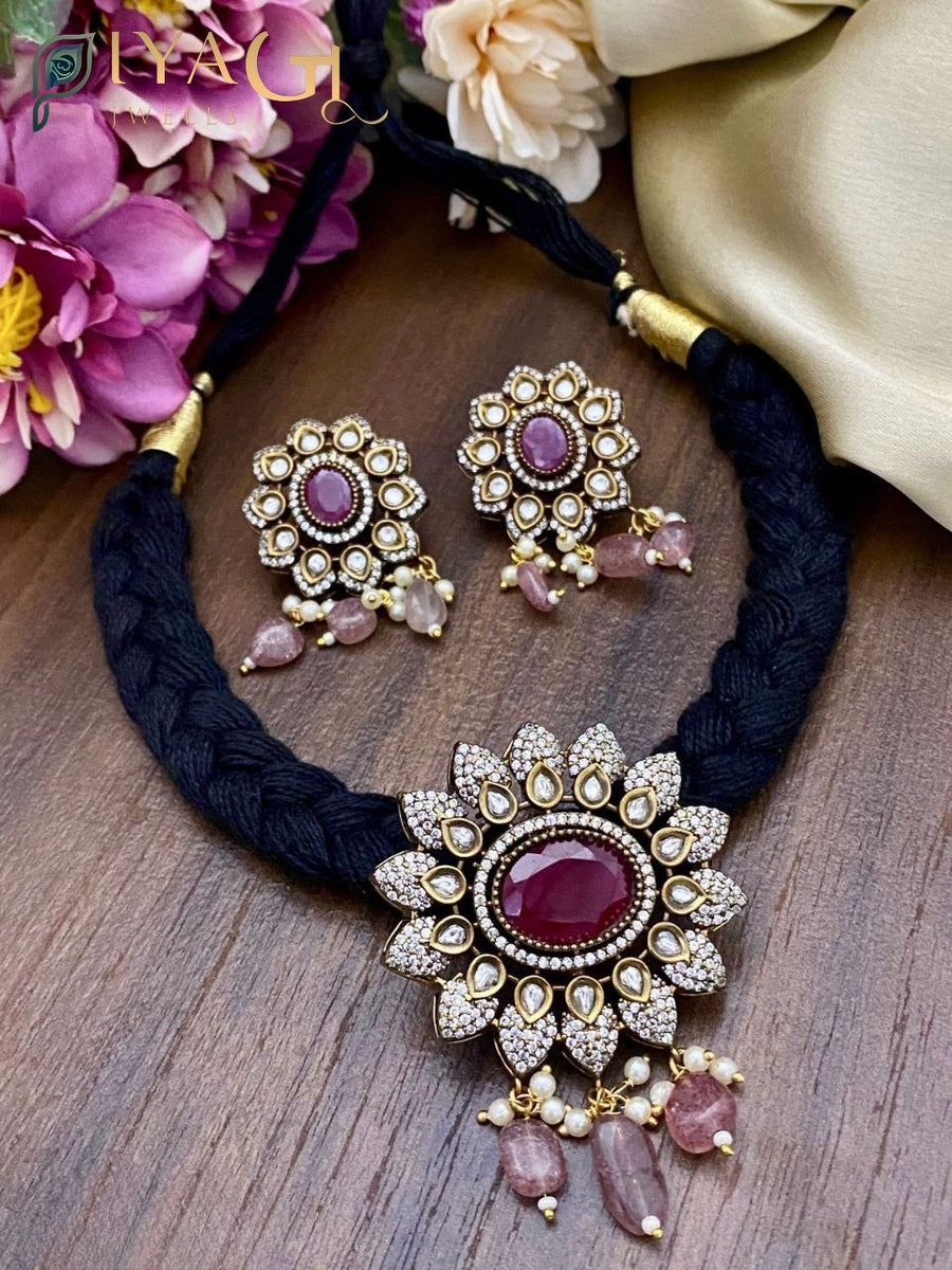 Multi-colored gold-tone floral design choker necklace set for festive occasions - PiyaGuJwells