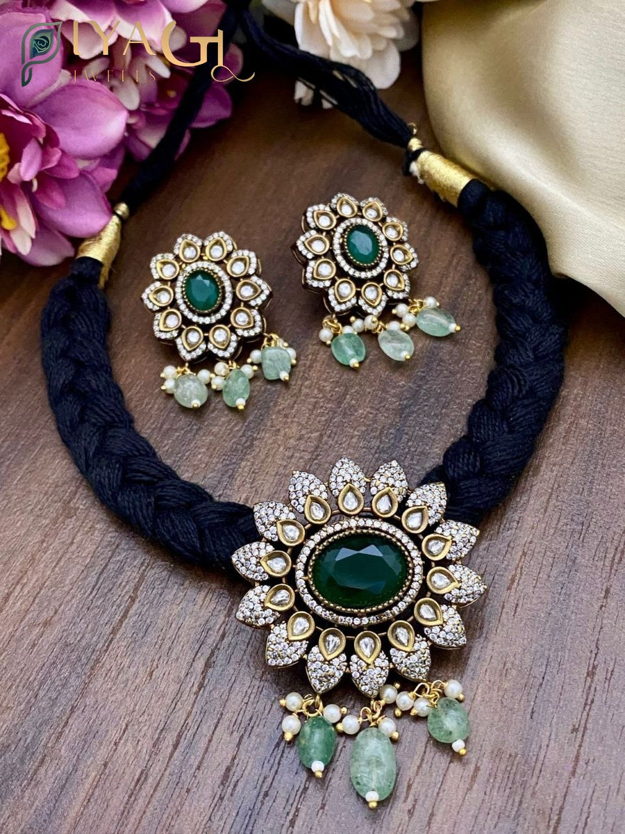 Multi-colored gold-tone floral design choker necklace set for festive occasions - PiyaGuJwells
