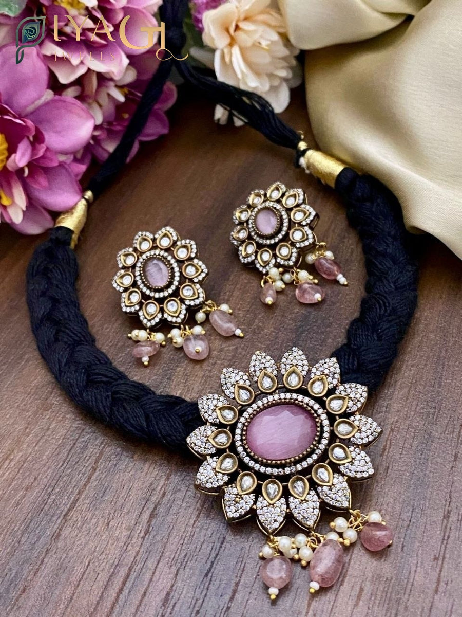 Gold-tone pink stone floral design choker necklace set for ethnic wear - PiyaGuJwells
