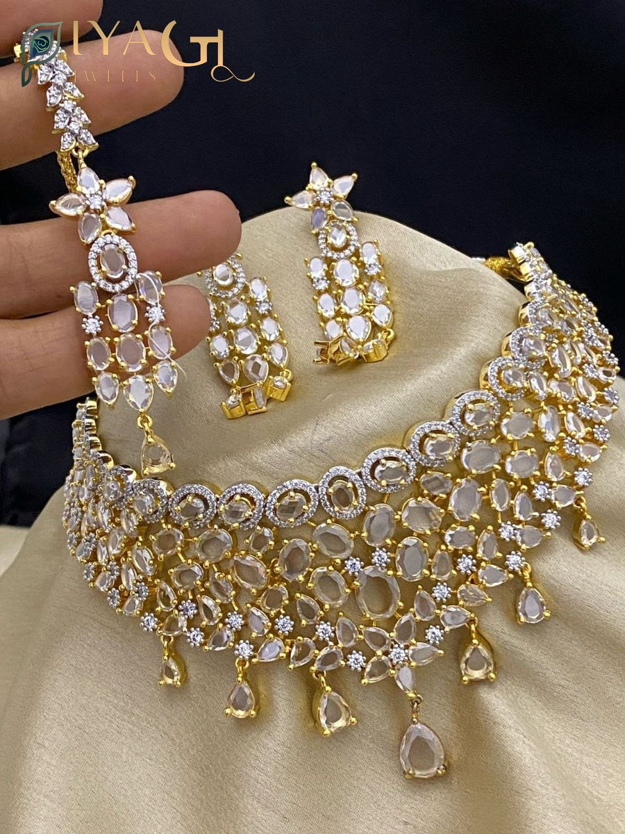 Gold tone white stone floral choker necklace earring bridal set - PiyaGuJwells