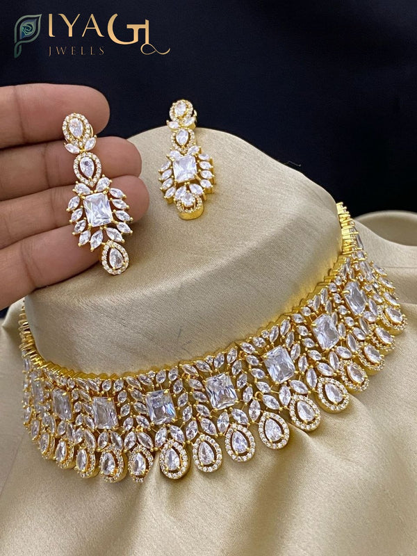 Gold tone white stone floral choker bridal jewellery set - PiyaGuJwells