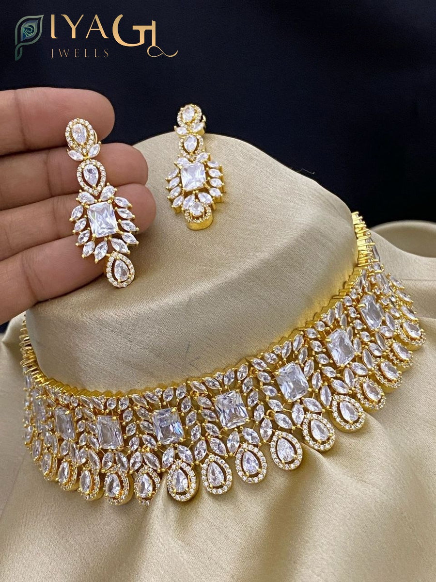 Gold tone white stone floral choker bridal jewellery set - PiyaGuJwells