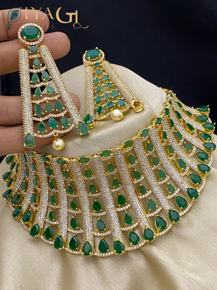 Gold tone white green stone choker necklace earring set for bridal and festive occasions - PiyaGuJwells