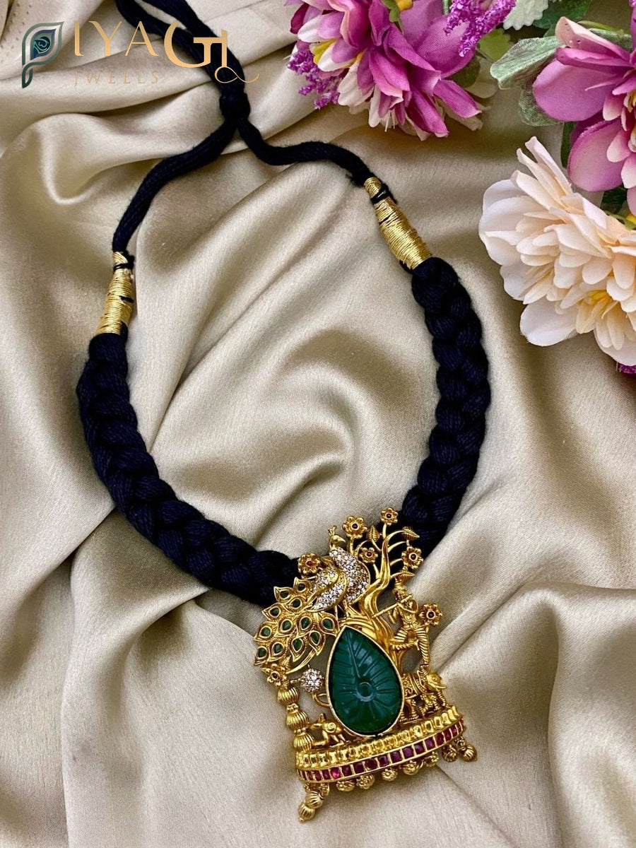 Gold matte finish peacock design green stone choker necklace for ethnic wear - PiyaGuJwells