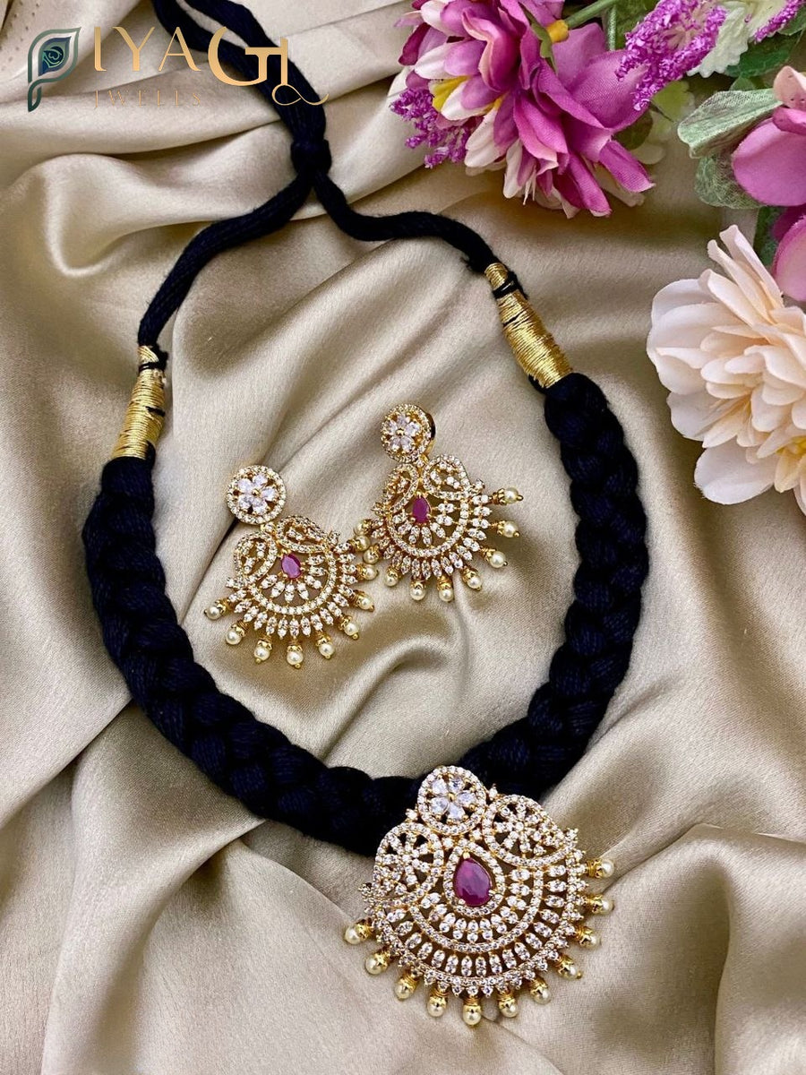 White stone gold-tone floral design choker necklace set for bridal and festive occasions - PiyaGuJwells