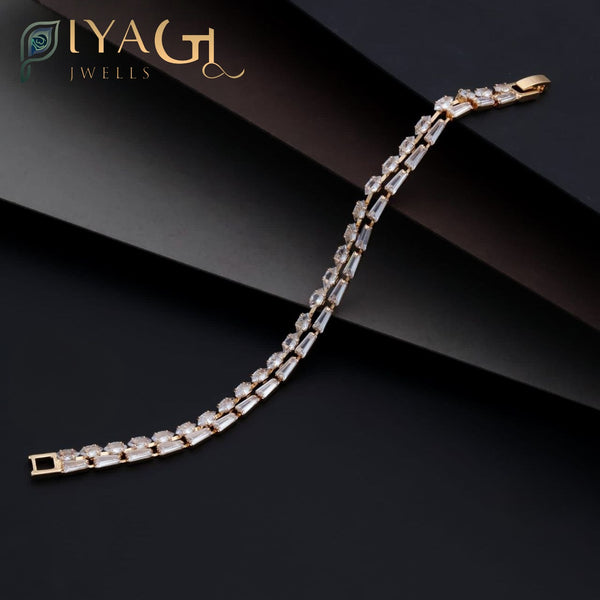 Antique gold-tone tennis bracelet with white American Diamonds for party wear - PiyaGuJwells