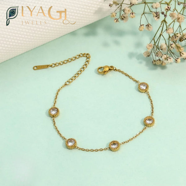 Gold-tone chain bracelet with white American diamonds for party wear - PiyaGuJwells