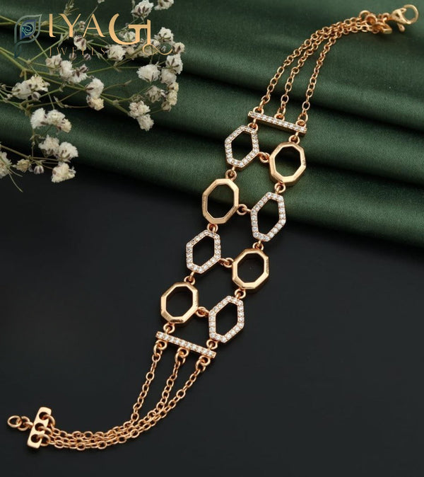 Gold-tone tennis bracelet with white American Diamonds for party and special occasion wear - PiyaGuJwells