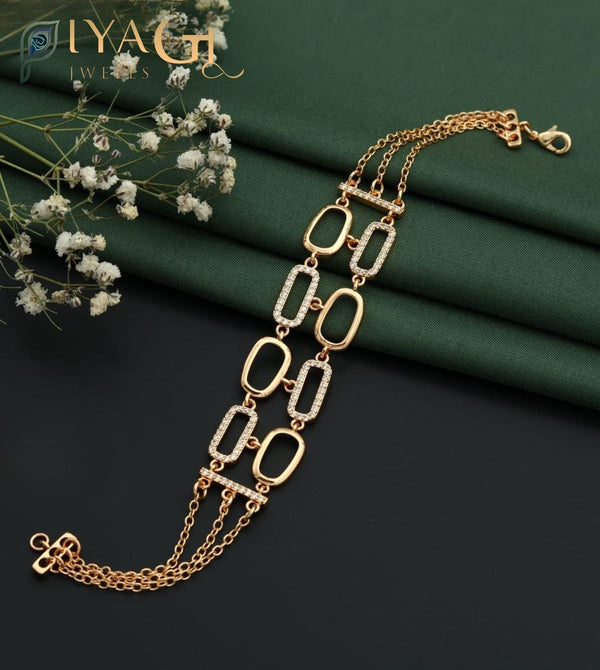Antique gold-tone kada bracelet with white American Diamond stones and geometric hexagon design details for festive occasions - PiyaGuJwells