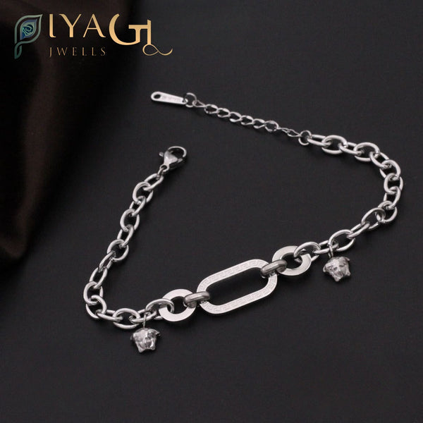 Rhodium chain bracelet with white American Diamonds for festive and party wear - PiyaGuJwells