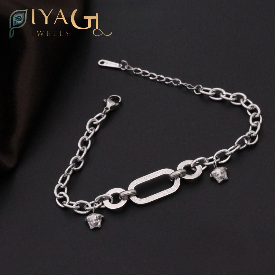 Rhodium chain bracelet with white American Diamonds for festive and party wear - PiyaGuJwells