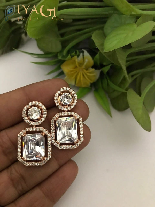 Pink cubic zirconia rose gold tone chandbali earrings for party wear - PiyaGuJwells