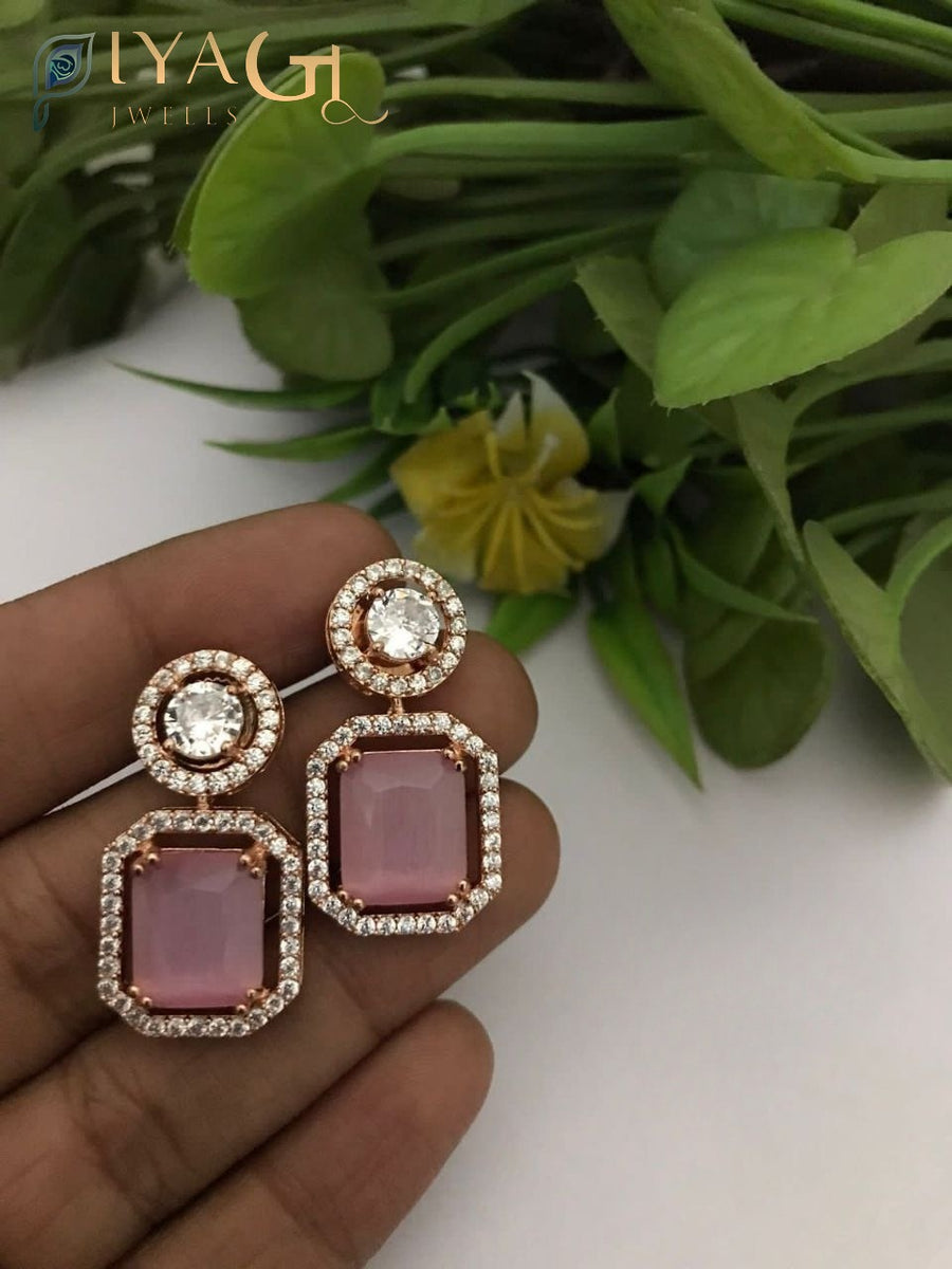 Pink cubic zirconia rose gold tone chandbali earrings for party wear - PiyaGuJwells