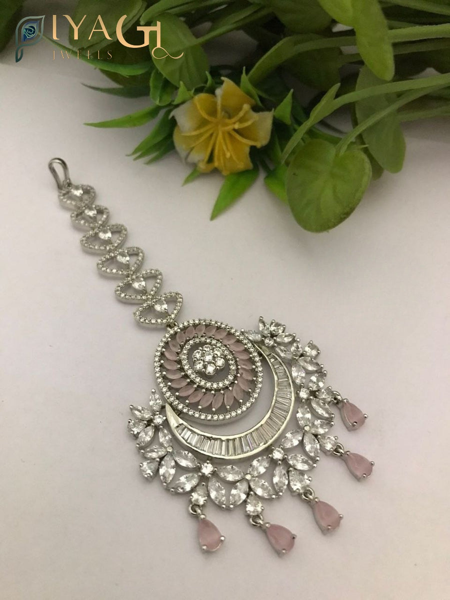 White stone silver tone floral design maang tikka for ethnic occasions - PiyaGuJwells