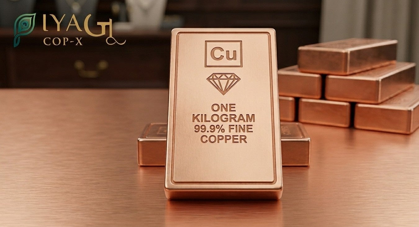 1 kilogram 99.9 percent fine copper bar Cu bullion ingot on wooden surface