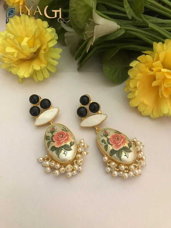 Imitation drop earrings with rose print and pearl fringe - PiyaGuJwells