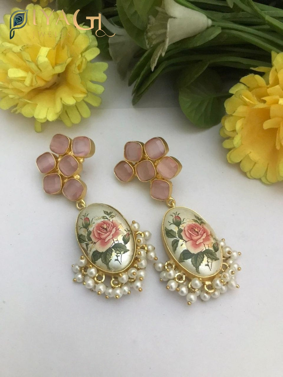 Imitation drop earrings with rose print and pearl fringe - PiyaGuJwells