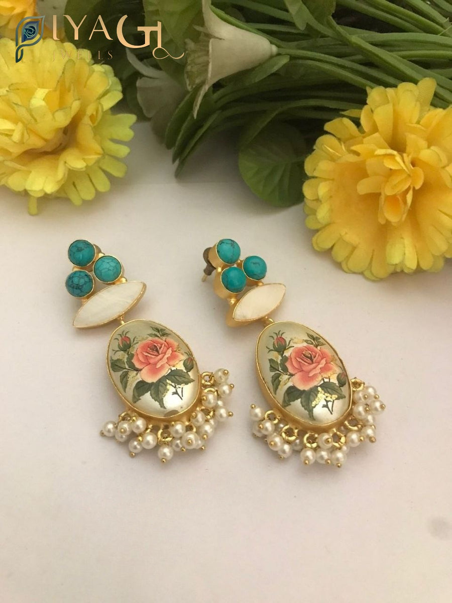 Imitation drop earrings with rose print and pearl fringe - PiyaGuJwells