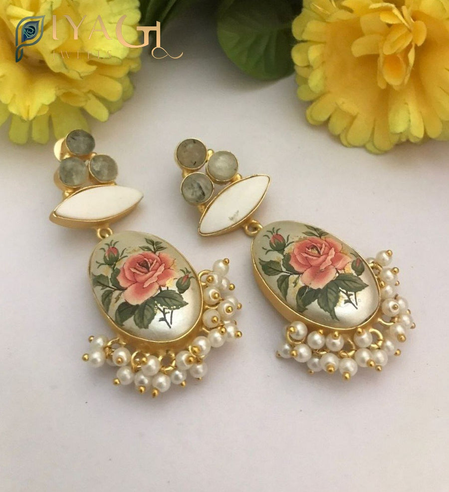 Imitation drop earrings with rose print and pearl fringe - PiyaGuJwells